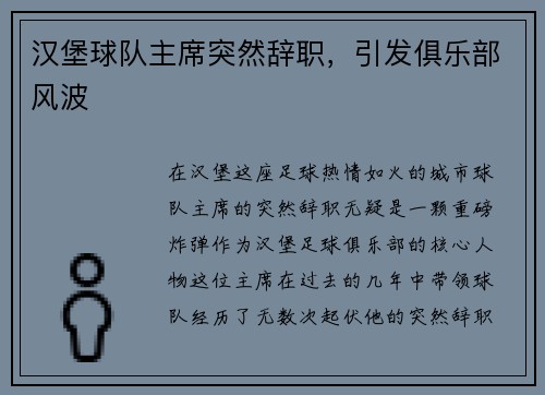 汉堡球队主席突然辞职，引发俱乐部风波