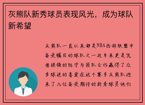 灰熊队新秀球员表现风光，成为球队新希望