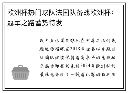 欧洲杯热门球队法国队备战欧洲杯：冠军之路蓄势待发